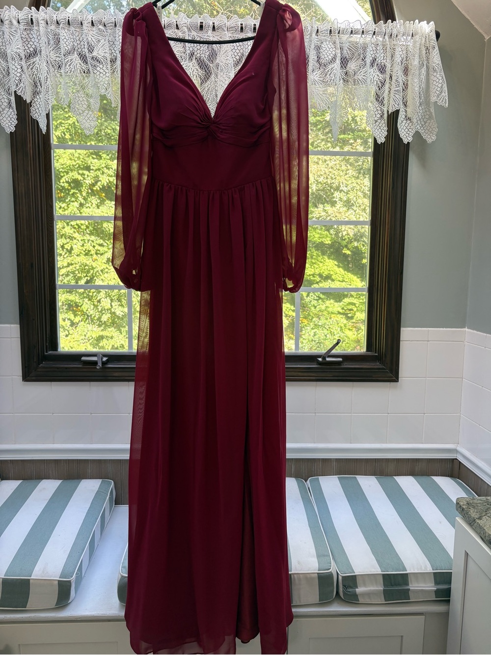 Azazie Burgundy Chiffon Maxi Dress with Sheer Bishop Sleeves